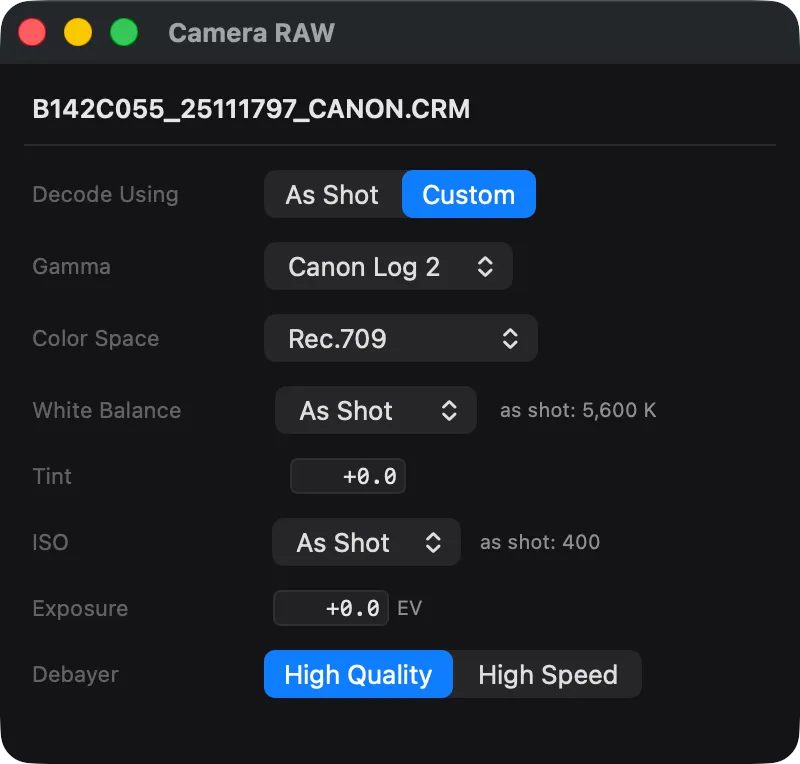 Parallel Media Encoder Camera RAW panel showing a Canon Cinema RAW Light (.CRM) clip with recorded gamma, gamut, white balance, and color controls