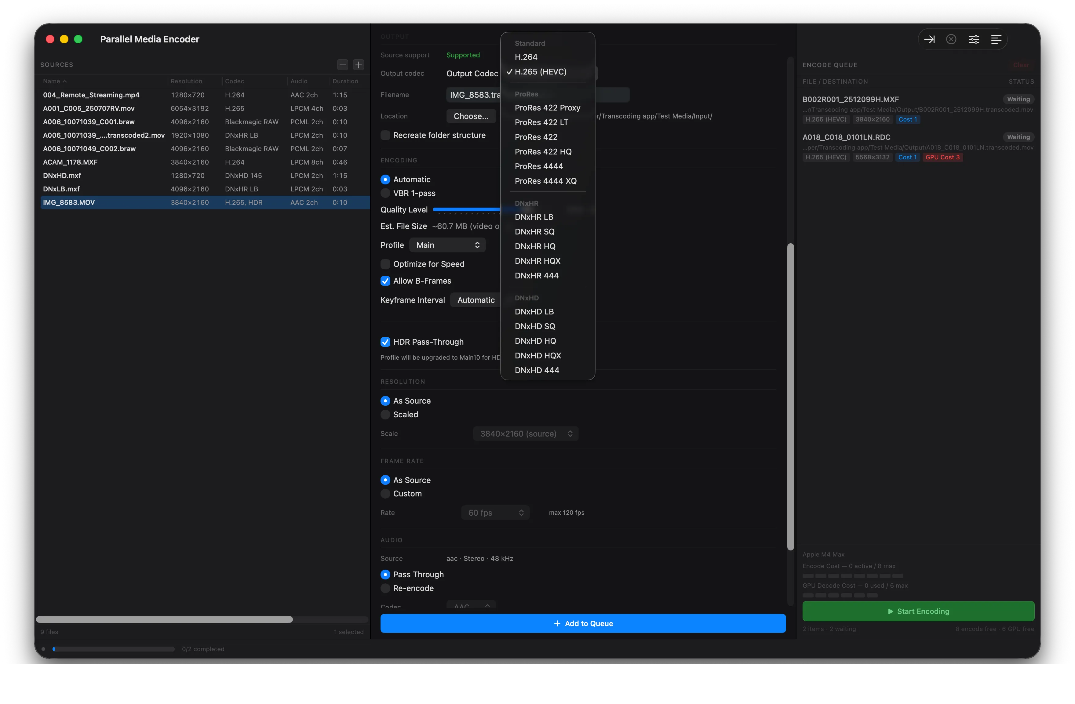 Codec output dropdown showing all supported formats