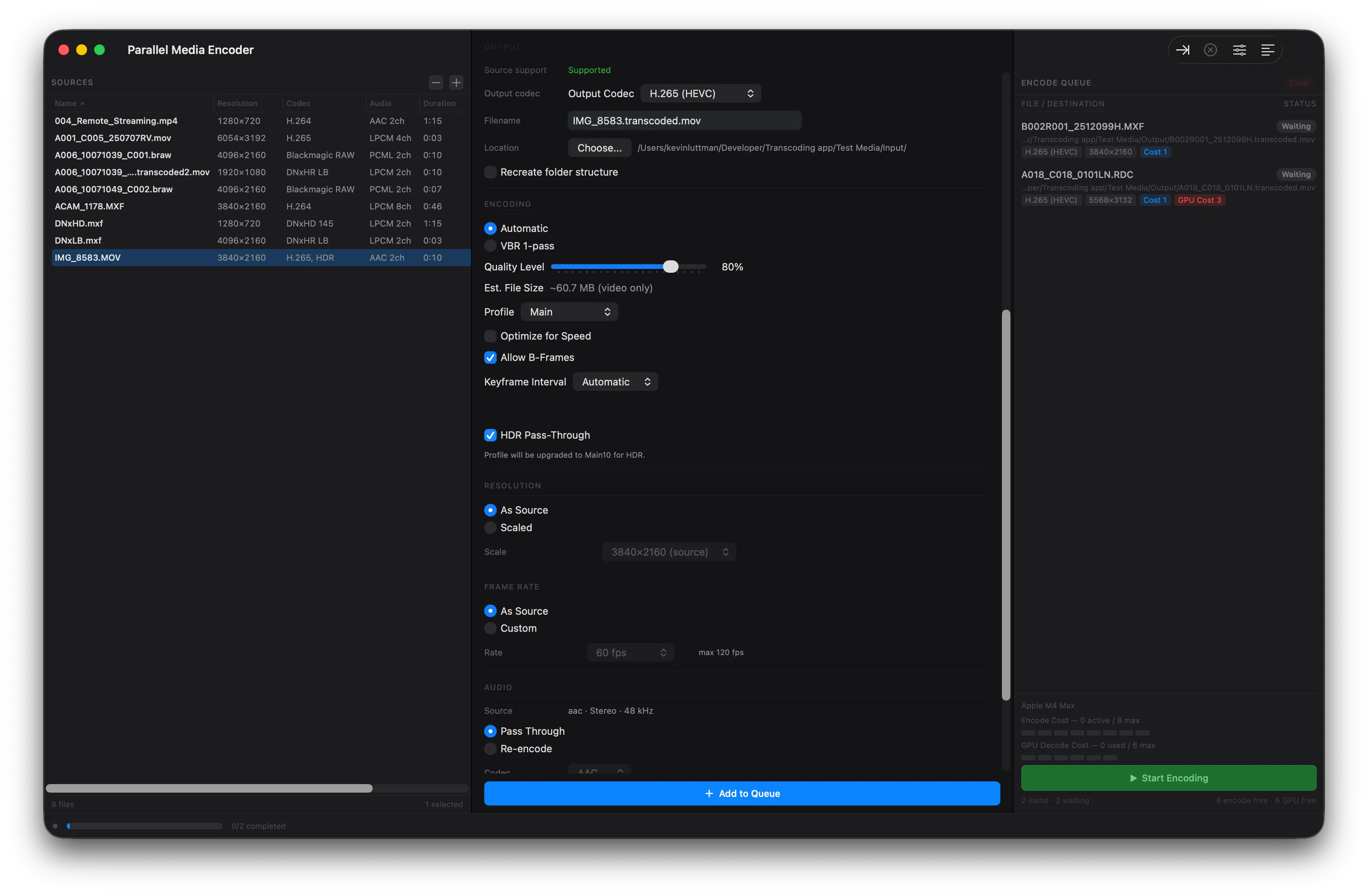 Detailed encoding settings panel