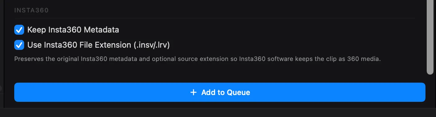 Insta360 metadata preservation settings