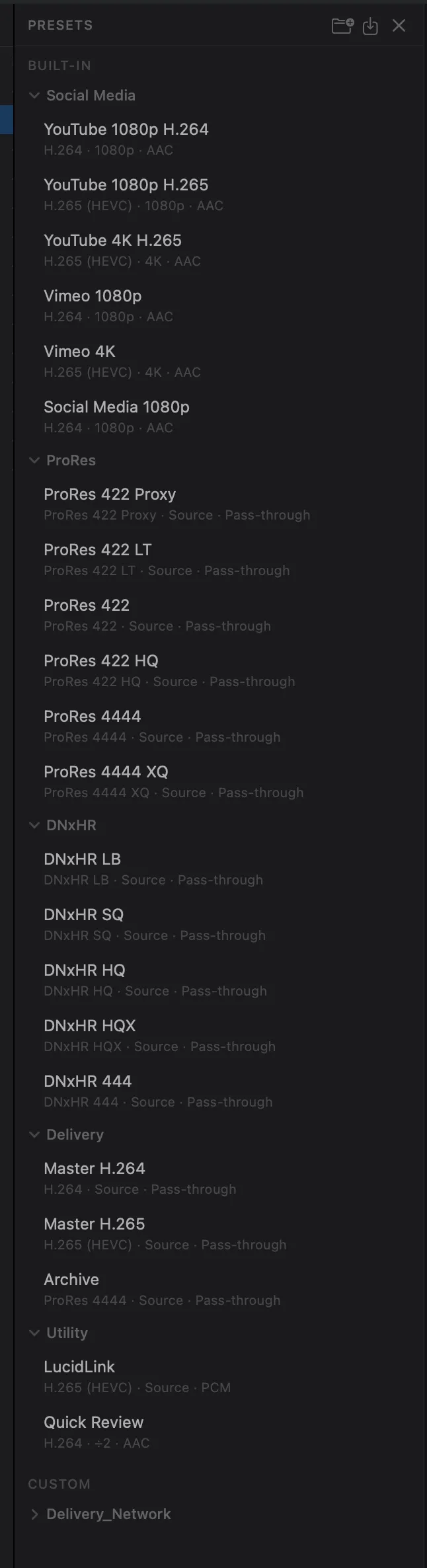 Presets sidebar showing built-in and custom encoding presets